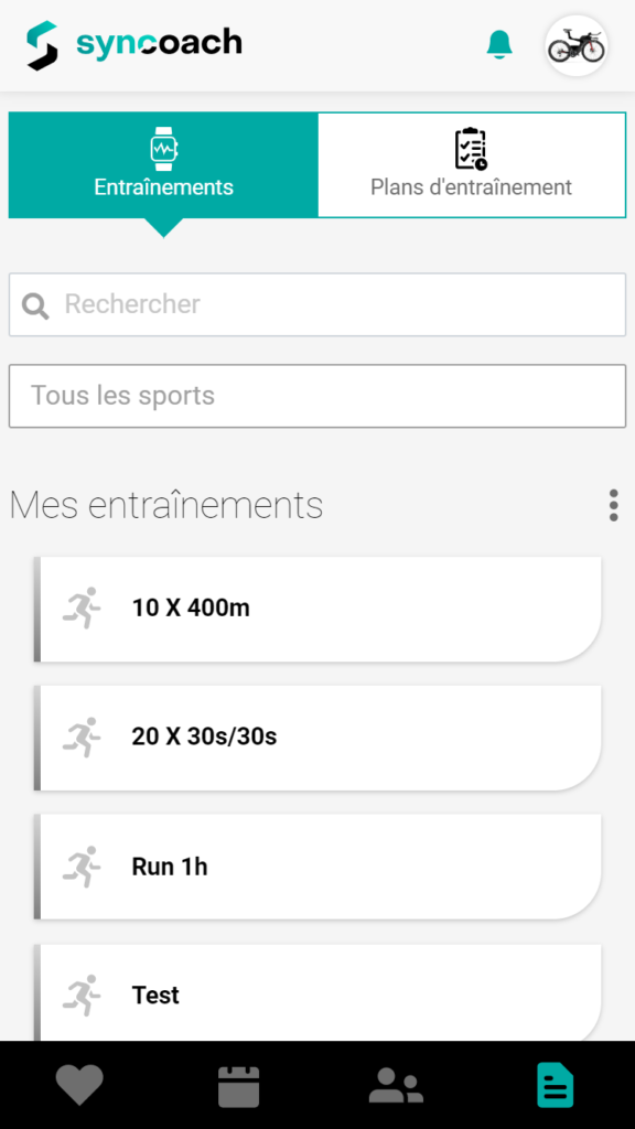 Image de la page librairie de l'application Syncoach